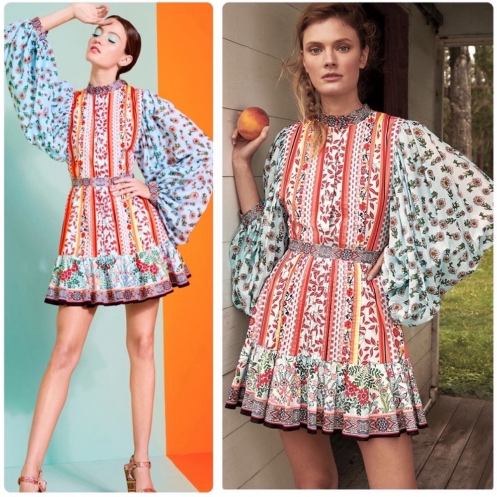 Alice + Olivia Red and Blue Floral Long Sleeve Dress